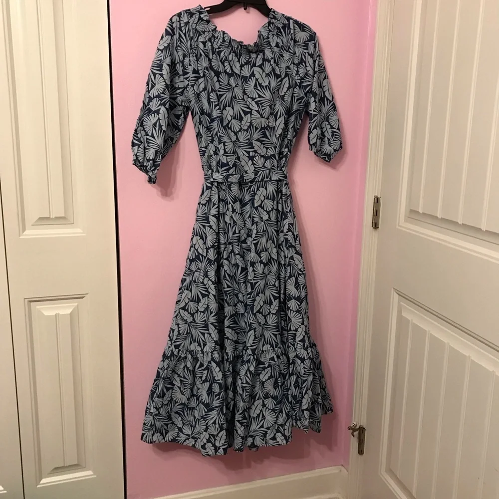 BODEN Blue Rosalind Palm Off-The-Shoulder Dress size 8 - Picture 3 of 4